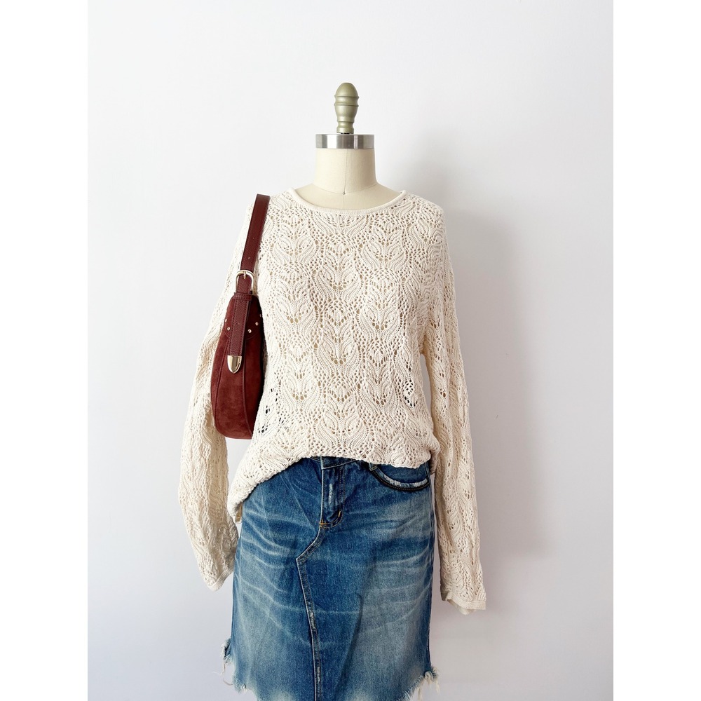 Cream 100% Cotton Sweater Crochet Open Knit Leaf Pattern Long Length Y2K XL - Picture 2 of 8